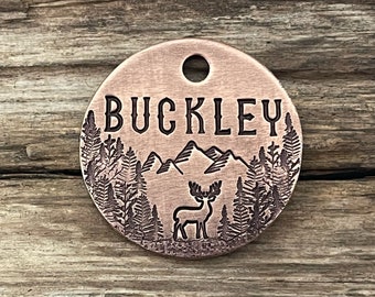 Medaglietta per cani, Medagliette per cani, Medaglietta identificativa per animali domestici con timbro a mano, Collare, Medagliette per cani, Alberi, Medaglietta personalizzata per cani, Wild Deer Mountain, Segugi di metallo