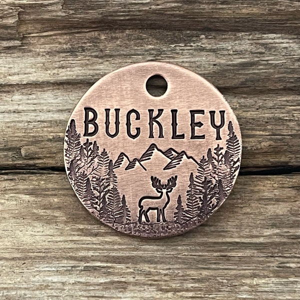 Dog Tag, Dog Tags for Dogs, Hand Stamped Pet ID Tag, Collar, Dog Tags, Trees, Personalized Dog Tag, Wild Deer Mountain, Metal Hounds