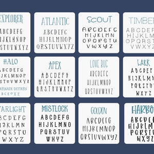 May include: A set of 12 alphabet charts with different names, each featuring a unique font style. The names include: Explorer, Atlantic, Scout, Timber, Halo, Apex, Love Bug, Lark, Starlight, Mistlock, Golden, and Harbor. Each chart includes the letters of the alphabet in a different font style.