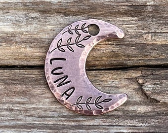 Dog Tag, Dog Tag for Dogs, Moon, Ferns, Personalized, Pet Id, Custom, Stamped, Dog, Cat, Crescent Fern, 1”