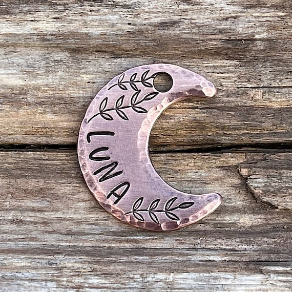 Dog Tag, Dog Tag for Dogs, Moon, Ferns, Personalized, Pet Id, Custom, Stamped, Dog, Cat, Crescent Fern, 1”