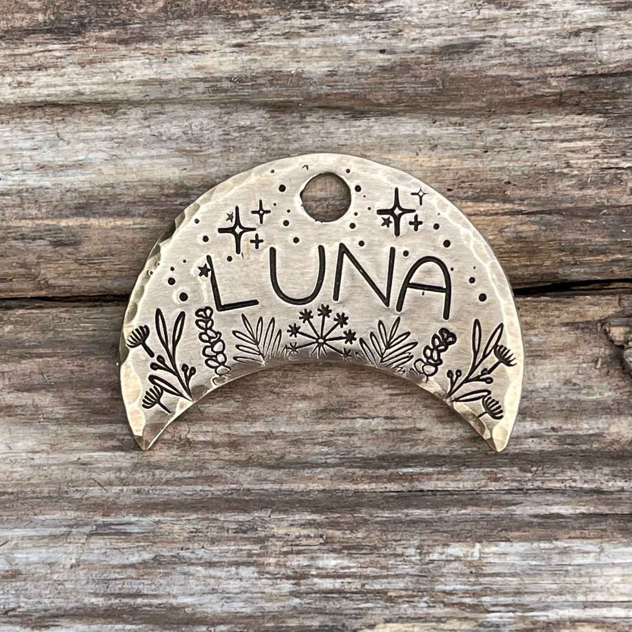 Hand Stamped Pet ID Tag, Floral Pet Tag, Floral Dog Collar Tag, Personalized Pet/Dog ID Tag, Dog Tag for Dogs, Wildflower Moon