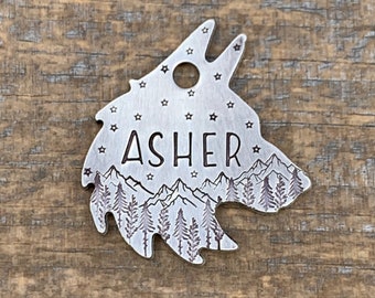 Hand Stamped Wolf Dog Tag: Personalized Mountain Pet ID