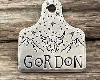 Dog Tag, Dog Tag for Dogs, Dog ID, Special Cut Cow Tag, Mountains, Personalized Pet ID, Custom, Unique Pet Tag, The Highland, 1 1/4 x 1 1/2”