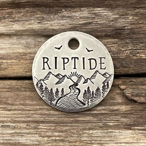 Dog Tag Personalized, Dog Tag, Dog Tags for Dogs, Riptide River, Dog Tags, Dog Tag with Trees, Mountains, Sunrise, Pet Id, Metal Hounds