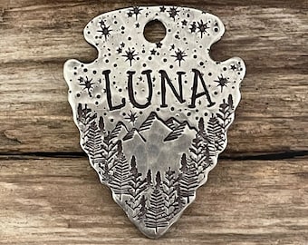 Dog Tag, Dog Tag for Dogs, Arrowhead, Stars, Mountain, MEDIUM Arrowhead, Twilight Mountain, Personalized, Pet ID Tag, 1 1/2 x 1 1/8”