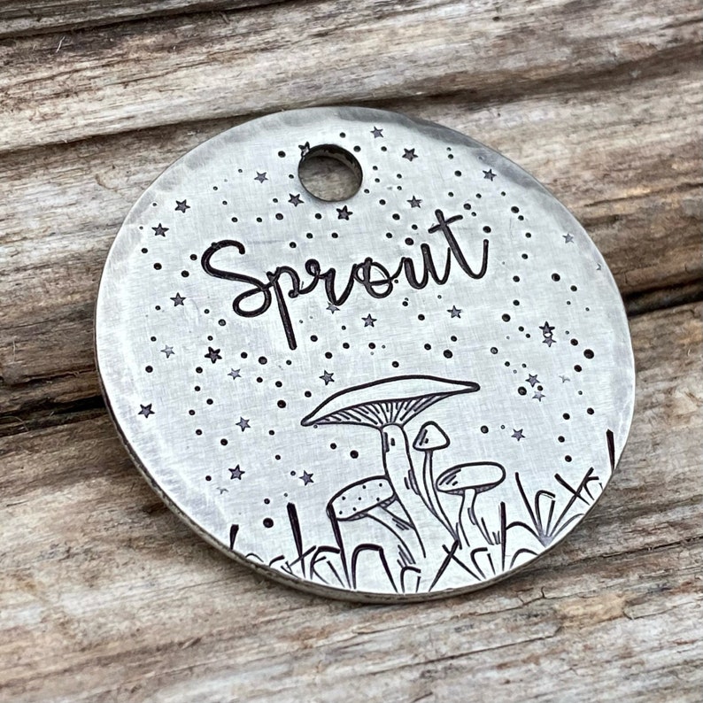 Hand Stamped Pet ID Tag Mushroom Forest Dog Collar Tag Etsy