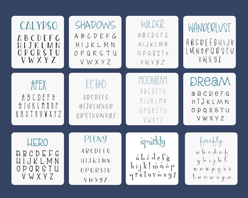 Peut inclure: Une collection de 10 styles de polices d'alphabet, chacun avec un nom unique, tels que "Calypso", "Shadows", "Wilder", "Wanderlust", "Apex", "Echo", "Moonbeam", "Dream", "Hero", "Peony", "Sparkly", et "Firefly". Chaque style de police est affich&eacute; dans un carr&eacute; blanc avec un contour noir.