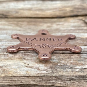 May include: A copper-colored sheriff's star badge with the word "RANGER" engraved on the front. The badge has five points and a small hole at the top.