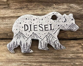 Hundemarke für Hunde, Berge Bäume Sterne, GROSSER Bären förmige Hundemarke, personalisiertes Geschenk für Hund, individuelle Hundehalsbandmarke, Geschenk für Hundeliebhaber