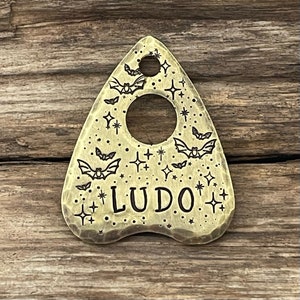 Planchette Dog Tag - Halloween Bats and Stars - Whimsical Collar Tag - Personalized Pet Accessory - Unique Hand Stamped Gift