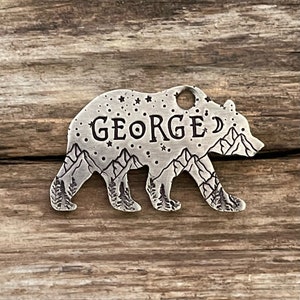 Pet ID Tag, Dog Tags for Dogs, Bear Dog Tag, Mountains, Trees, Moon, Stars, Personalized, Dog, Puppy, Cat, Custom, Collar Tag, The Griz