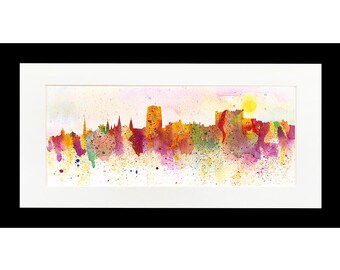 Soleil couchant de la cathédrale de Durham, éclaboussures, image à l'aquarelle, ligne d'horizon de Durham, château de Durham