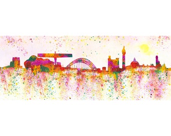 Canvas of Newcastle In the Pink. Watercolour painting printed Canvas, Angel of the North, Tyne Bridge, Castle, Sage, Grey's Monument