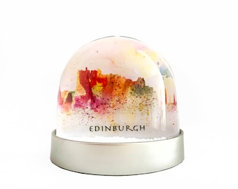 Snow Globe of Edinburgh, showing skyline of Edinburgh Castle and the city rooftops.  Gift or Christmas decoration