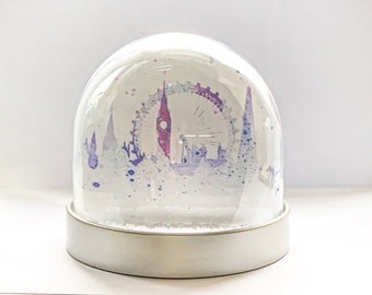 Snow Globe of London, Christmas decoration of water colour images of London, tower bridge, Big Ben, London Eye , the Shard, parliament