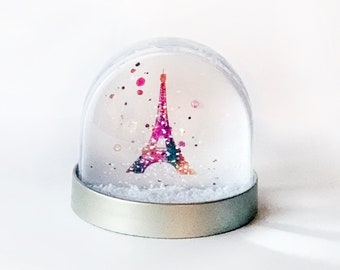 Snow Globe of The Eiffel tower in Paris, watercolour abstract image,Snow shaker Christmas decoration