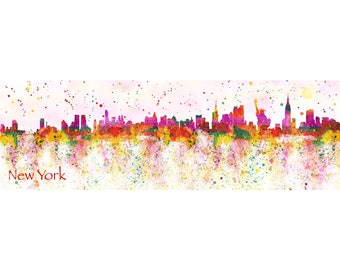 Mini cadre panoramique de New York, aimant de réfrigérateur. Aquarelle, Statue de la Liberté, Empire State Building, Freedom Tower, New York Skyline