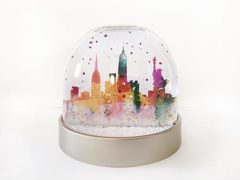 Snow Globe of New York, watercolour images of Empire state, Liberty, Freedome Tower, Newyork Skyline, Freedom and Liberty Xmas decoration image 1