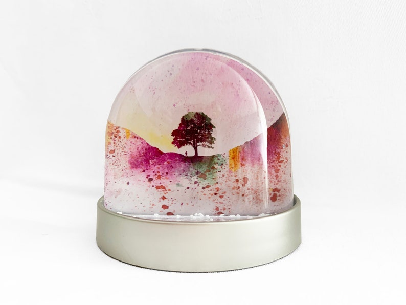 Snow Globe of Sycamore Gap, Hadrians Wall, watercolour images of Sycamore Gap in water colour. Gift or Christmas decoration image 1