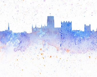 Watercolour Print Durham City Skyline, Durham Cathedral, Blue