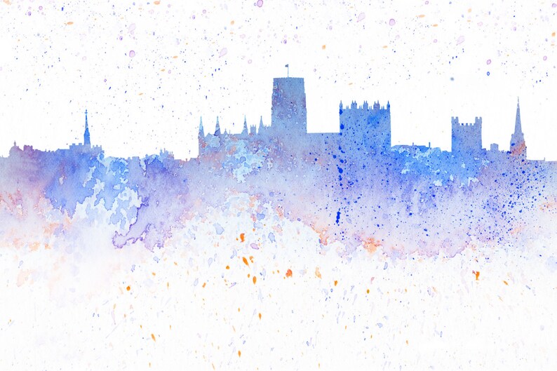 Watercolour Print Durham City Skyline, Durham Cathedral, Blue Etsy UK