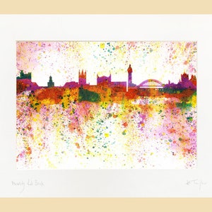 May include: A colorful watercolor painting of the Newcastle, UK skyline. The city's buildings are silhouetted against a background of bright pink, yellow, and green splatters.