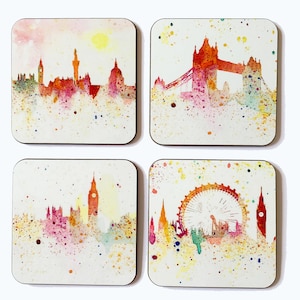 London Coasters set of four, impressionist, including Big Ben, Tower Bridge, London Eye among other buildings image 1