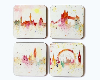 Ensemble de quatre sous-bocks londoniens, impressionnistes, dont Big Ben, Tower Bridge, London Eye, entre autres bâtiments