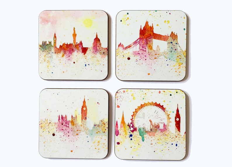 London Coasters set of four, impressionist, including Big Ben, Tower Bridge, London Eye among other buildings image 1