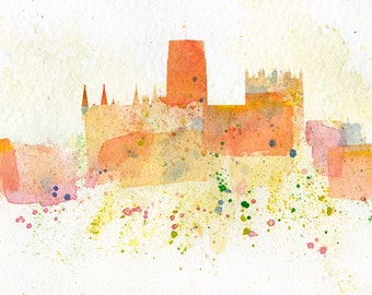 Watercolour print of Durham Cathedral, Durham City Skyline, Wall Art