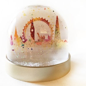 Snow Globe of London, Christmas decoration of water colour images of London, tower bridge, Big Ben, London Eye , the Shard, parliament image 1