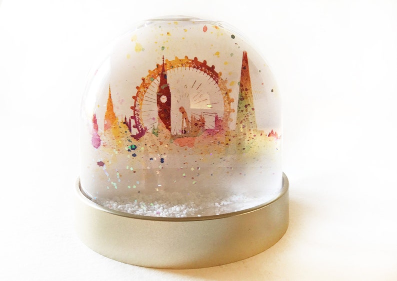 Snow Globe of London, Christmas decoration of water colour images of London, tower bridge, Big Ben, London Eye , the Shard, parliament image 1