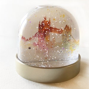 Snow Globe of London, Christmas decoration of water colour images of London, tower bridge, Big Ben, London Eye , the Shard, parliament image 2