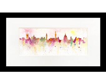 London Pink Sky at Night Watercolour Print. Big Ben, Nelson's Column, Parliament, St. Paul's Cathedral