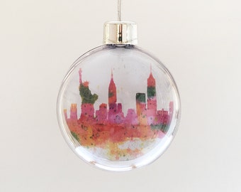 New York Bauble, Christmas tree decoration of New York, New York Skyline, watercolour painting