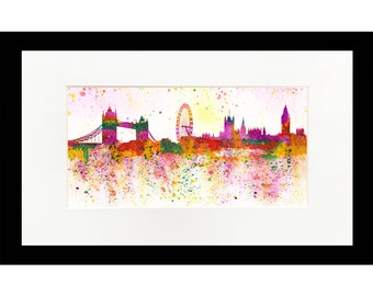 Londres Août Impression à l’aquarelle rouge, Tower Bridge, London Eye, Big Ben