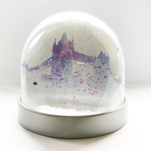 Snow Globe of London, Christmas decoration of water colour images of London, tower bridge, Big Ben, London Eye , the Shard, parliament image 2