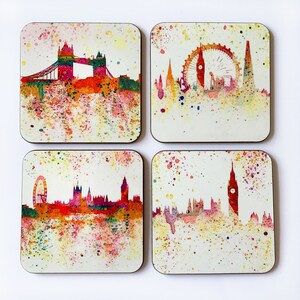 London Coasters set of four, impressionist, including Big Ben, Tower Bridge, London Eye among other buildings image 2