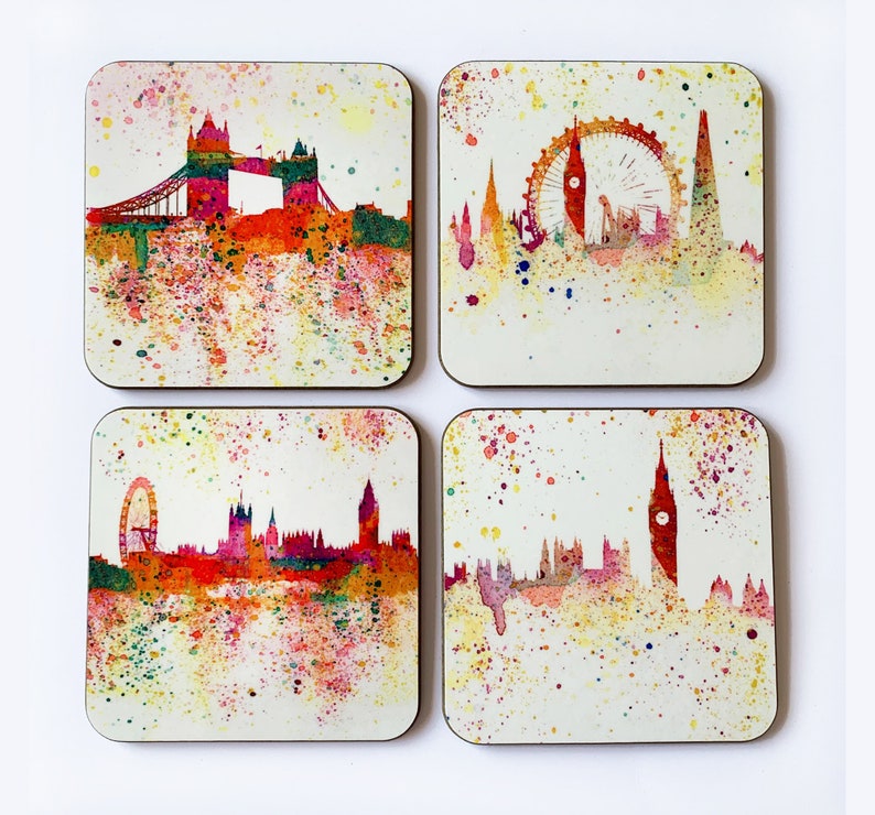 London Coasters set of four, impressionist, including Big Ben, Tower Bridge, London Eye among other buildings image 2