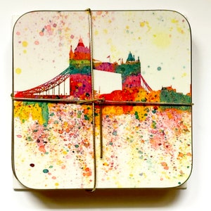 London Coasters set of four, impressionist, including Big Ben, Tower Bridge, London Eye among other buildings image 4