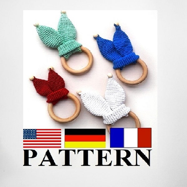 Pattern beginner crochet bunny rattle  toys ears wooden teether Bunny Ears Teething Ring