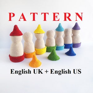 May include: A crochet pattern for making a set of seven rainbow gnome dolls. The pattern includes instructions for making the gnomes in English UK and English US.