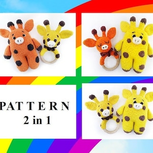 CROCHET PATTERNS SET: amigurumi giraffe  + rattle giraffe, Crochet amigurumi animals, Sewing teethe ring, Stuffed Toy giraffe