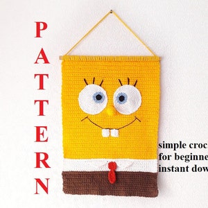 May include: Crochet pattern for a yellow SpongeBob SquarePants character with a white shirt and brown trousers. The pattern is simple and suitable for beginners. The text "simple crochet for beginners instant download" is written below the image.