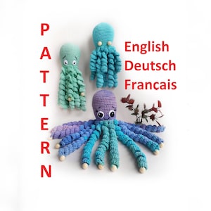 May include: Crochet octopus pattern in English, German, and French. The pattern includes three octopuses in different colors: purple, teal, and light blue.