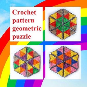 Könnte beinhalten: Häkelmuster geometrisches Puzzle. Zwei Bilder zeigen ein fertiges sechseckiges Puzzle aus sechs dreieckigen Teilen in verschiedenen Farben. Das obere Bild ist rot, grün und gelb. Das untere Bild ist rosa, blau, lila und gelb.