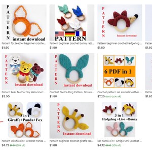 Puede incluir: Una colecci&oacute;n de patrones de crochet para hacer juguetes de dentici&oacute;n para beb&eacute;s. Los patrones incluyen una variedad de animales, como un zorro, un conejito, un erizo, un panda, un oso, una jirafa, un le&oacute;n y un erizo. Los patrones est&aacute;n disponibles para descargar instant&aacute;neamente.