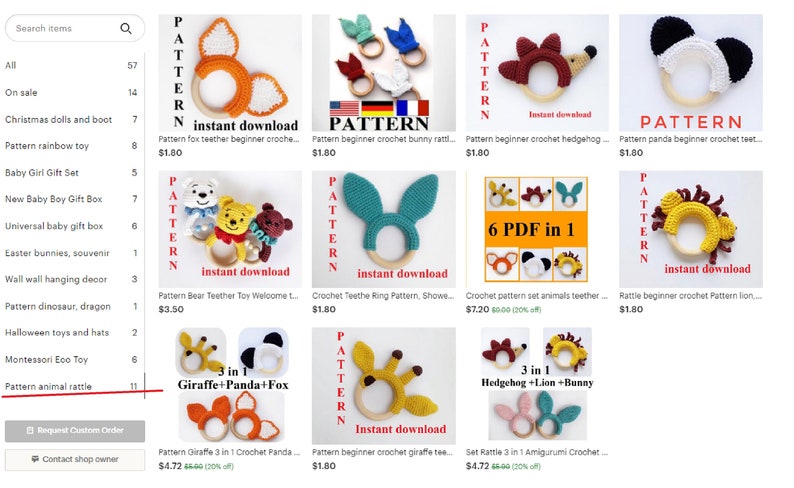 Puede incluir: Una colecci&oacute;n de patrones de crochet para hacer juguetes de dentici&oacute;n para beb&eacute;s. Los patrones incluyen una variedad de animales, como un zorro, un conejito, un erizo, un panda, un oso, una jirafa, un le&oacute;n y un erizo. Los patrones est&aacute;n disponibles para descargar instant&aacute;neamente.