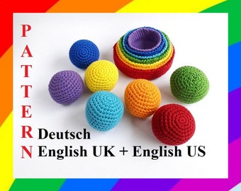 Pattern Montessori Eco toy Crochet Rainbow Nested Baskets Nesting Stacking Bowls with colorful balls Stacking toy